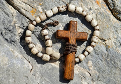Old wooden Franciscan rosary, on the large Christian cross Jesus on a stone background, religious and faith concept..