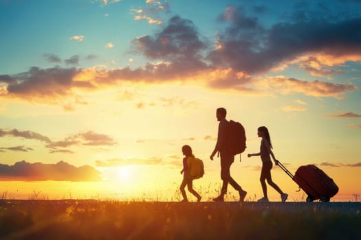 Happy family walking with luggage during sunset on vacation.