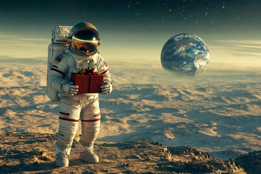 astronaut holding Christmas gift box on space background.