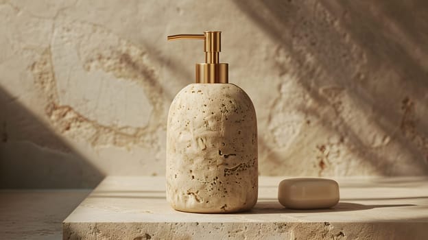 A rectangular hardwood countertop with a soap dispenser and a bar of soap on top. The wood is complemented by a metal faucet and a cork soap dish