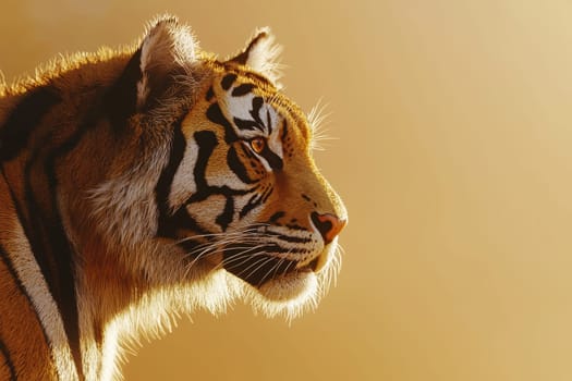 A stunning close-up shot of a majestic tiger in warm golden light. This portrait captures the graceful profile and striking features of this magnificent creature in its natural habitat.