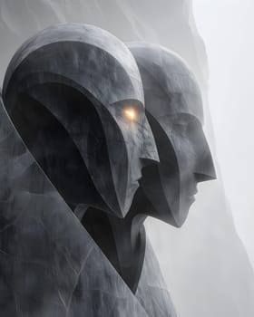 Two enigmatic stone faces with a single glowing eye in mystical atmosphere