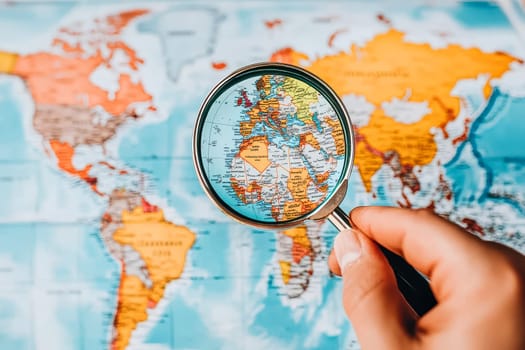 A hand holding a magnifying glass over a map, representing detailed focus and precision in business execution, with soft natural lighting filtering through a window.