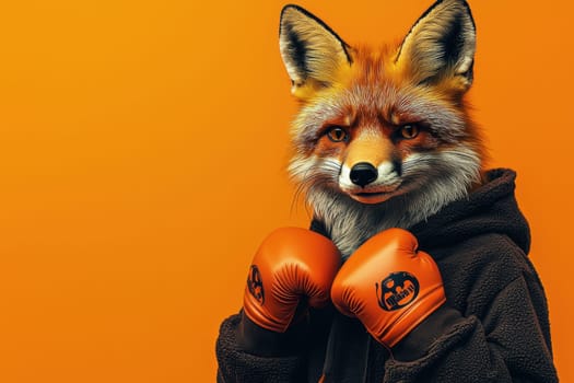 A playful fox character sporting vibrant orange boxing gloves against a bright backdrop, exuding a playful and confident attitude, ideal for creative projects.