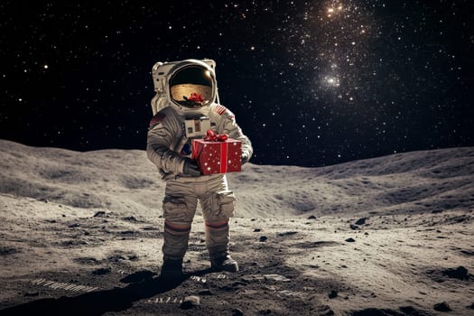 astronaut holding Christmas gift box on space background.