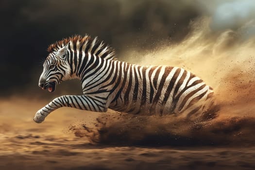 A captivating image of a zebra in motion, showcasing the beauty of wildlife in a dynamic desert landscape. Dust swirls around as the animal runs fiercely.