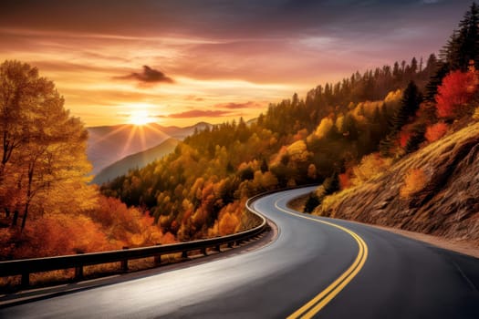 Serene country road lined with vibrant autumn foliage, winding through a picturesque forest under a golden sunset. High quality illustration