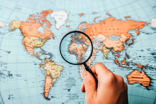 photography a section of a map of world on background, under hand holding a magnifying glass to look on map --ar 3:2 --stylize 50 --v 6.1 Job ID: 7af0d321-a596-4d2c-982c-e05af57fa144