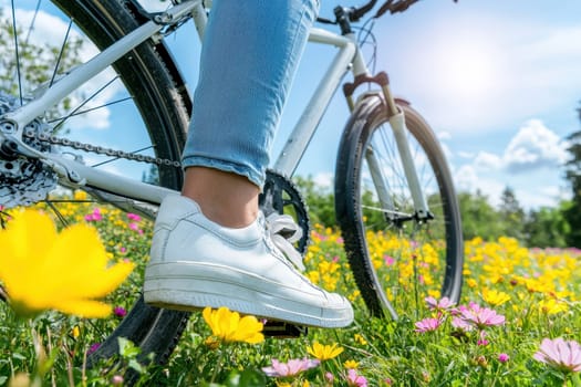 A woman pedals her bike through a vibrant flower field under a sunny sky. The close-up view highlights her foot on the pedal, capturing the essence of outdoor adventure and leisure.