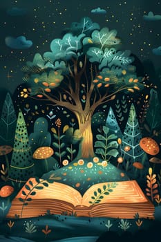 Illustration of an enchanted book opening a portal to a magical night forest.