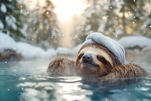 relaxed furry sloth enjoying warm bath in snowy landscape.