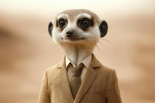 A curious meerkat stands upright, alert and dressed in a suit, showcasing a whimsical and playful character in a natural desert background.