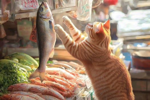 A playful cat interacts with a fresh fish at a bustling market. Sunlight enhances the vibrant colors of seafood, capturing a lighthearted scene of urban life.