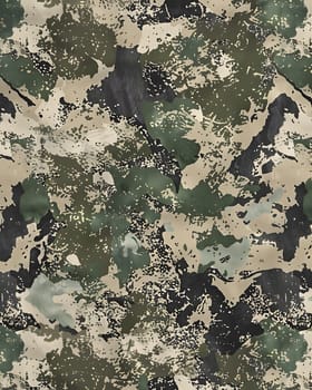 Seamless camouflage pattern with abstract splashes in green, beige and black