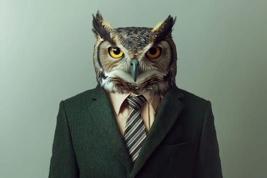 This unique stock photo features a wise owl dressed in a business suit, blending animal and human elements in a creative studio setting with a dark green backdrop. Perfect for imaginative projects.
