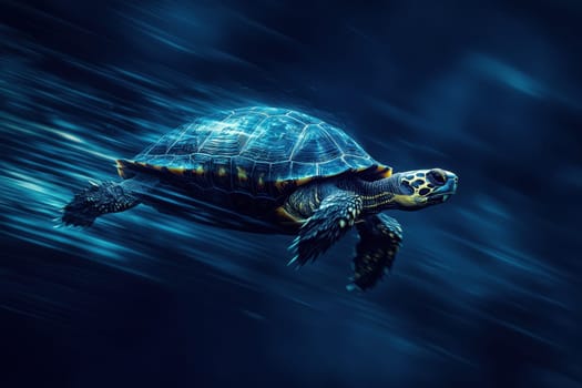 A vibrant image of a turtle sprinting through a dark blue environment, showcasing its speed and elegance in motion, perfect for wildlife enthusiasts.