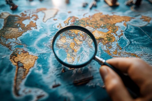 A hand holding a magnifying glass over a map, representing detailed focus and precision in business execution, with soft natural lighting filtering through a window.