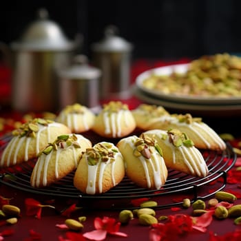A plate of cookies with white icing and pistachios sits elegantly, inviting a taste of sweet and nutty flavors. The cookies are artfully decorated and ready to delight any dessert lover.