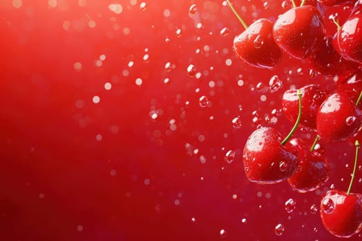 A captivating image featuring a bunch of floating cherries against a vibrant red background, enhanced with droplets of water for a fresh and lively feel.