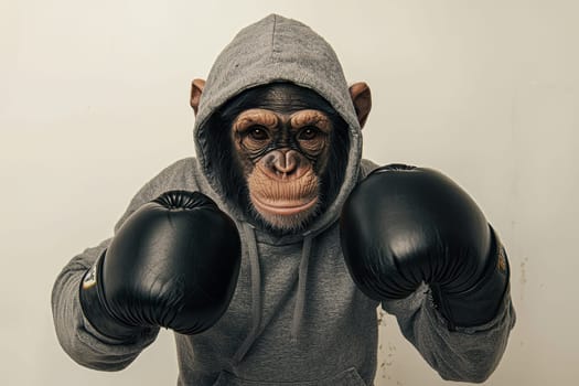 A determined chimpanzee in a hooded sweatshirt and black boxing gloves poses with a fierce expression, highlighting its playful yet strong character in a studio setting.