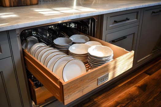 A tidy and organized dishwasher showcases spotless plates, highlighting modern kitchen design and efficient storage solutions for a clean and elegant home.
