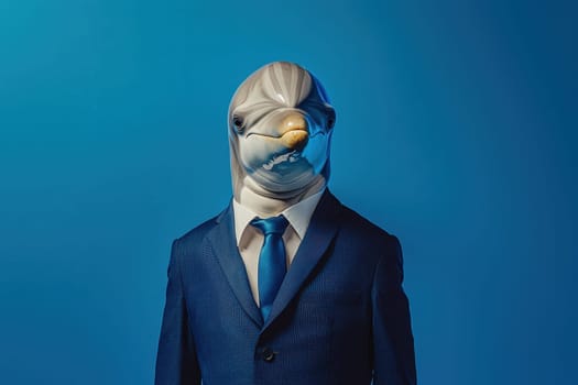 An imaginative portrait of a bottlenose dolphin dressed in a navy suit and tie, set against a vibrant blue background, blending whimsy and elegance.