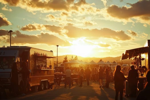 Food trucks at sunset create lively festival atmosphere.