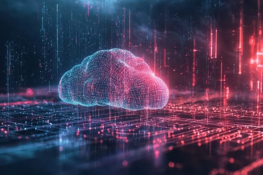An abstract representation of cloud computing showcasing digital effects and vibrant colors, symbolizing technology and data connectivity in a modern environment.
