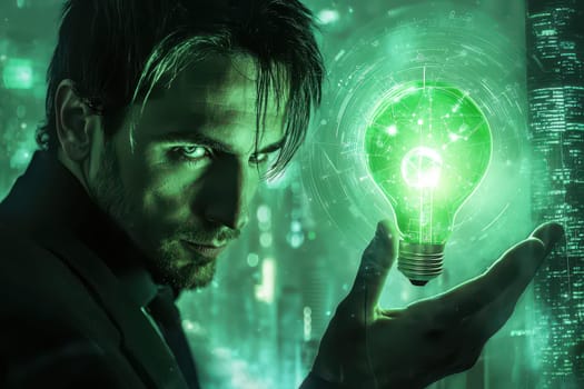 A focused businessman gazes intently at a glowing green light bulb, representing innovation and inspiration, set against a modern city backdrop.