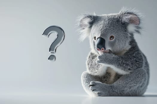 Cute koala sitting with question mark, expressing curiosity and wonder.