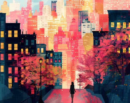 A woman strolls through the city at night, the world around her painted in shades of orange and pink. The architecture creates a canvas of art with rectangular shapes and defined lines on each wall