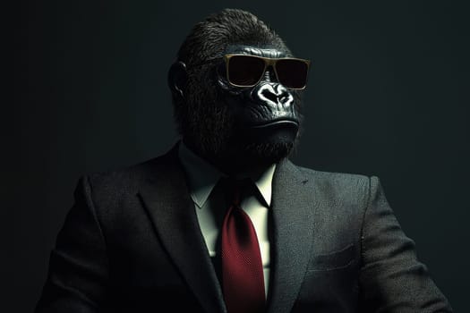 A striking portrait of a gorilla dressed in a bespoke three-piece suit and sunglasses, exuding confidence and style. This unique image combines humor with sophistication, perfect for diverse creative projects.