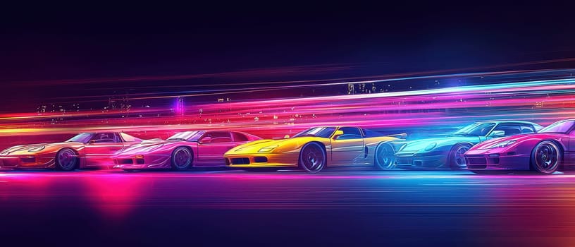 A vibrant and surreal car show poster showcasing speeding vehicles with dynamic lights and colors, capturing energy and excitement in a modern design.