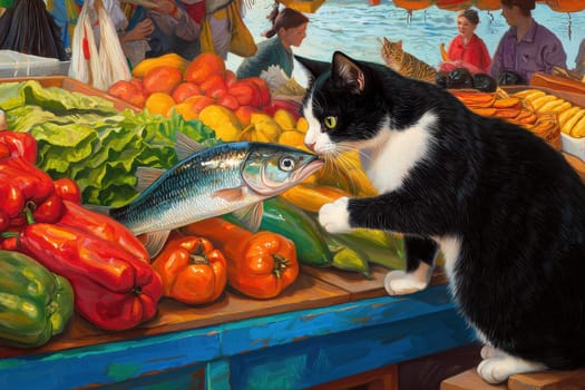 A whimsical market scene featuring a curious black and white cat interacting with a fresh fish, set against a vibrant display of colorful produce.