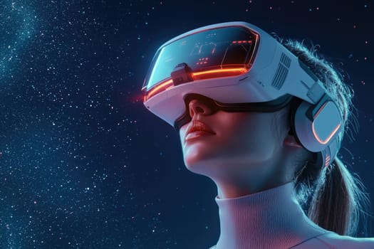 Futuristic woman wearing VR headset, exploring virtual reality space.