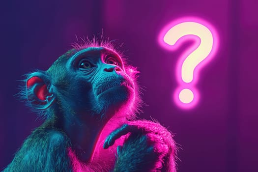 Surreal monkey portrait with vibrant colors and question mark.
