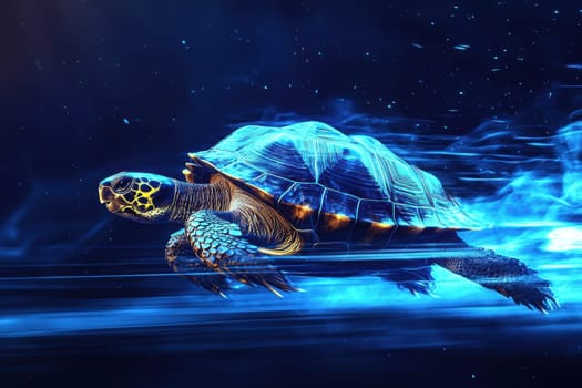 Experience the energetic motion of a turtle sprinting through a dark blue backdrop, showcasing vibrant colors and dynamic energy in a captivating illustration.