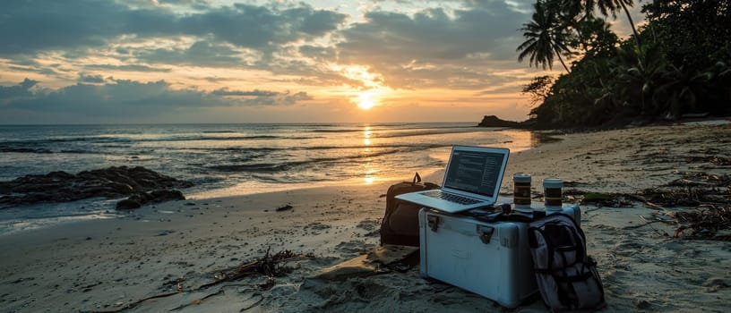 A scenic beachside workspace, showcasing a laptop and coffee containers against a stunning sunset backdrop. Perfect for inspiring digital nomads seeking tranquility and productivity.