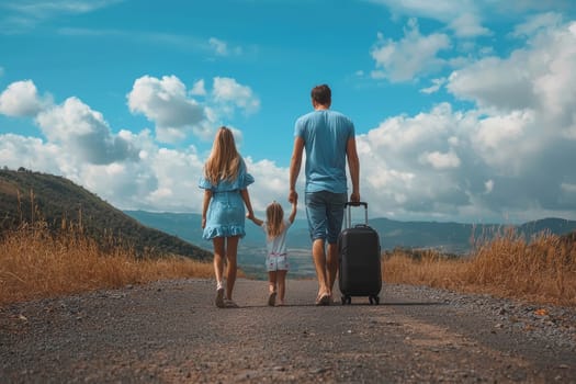 Happy family walking on road, enjoying vacation together.