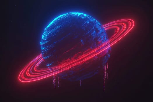 Glowing planet with neon rings in dark space background.
