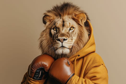 This stunning image features a regal lion wearing brown leather boxing gloves, showcasing a unique blend of animal fierceness and sporty style. Perfect for creative projects.