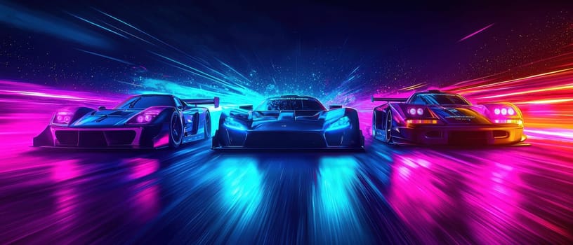A stunning visual of three surreal racing cars surrounded by vibrant neon lights that evoke energy and excitement, perfect for any dynamic display.