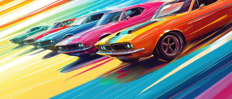 Experience a vibrant car show bursting with energy, showcasing a lineup of colorful cars in motion. Perfect for automotive enthusiasts and art lovers alike.