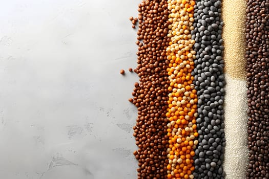 Various seeds, including plant, tree, and art seeds, are displayed in a row on a table. The pattern of different shapes and sizes create an interesting visual composition