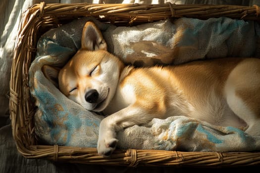 A serene image of a stray dog peacefully sleeping in a cozy basket, showcasing its soft fur and relaxed expression, illuminated by gentle sunlight.