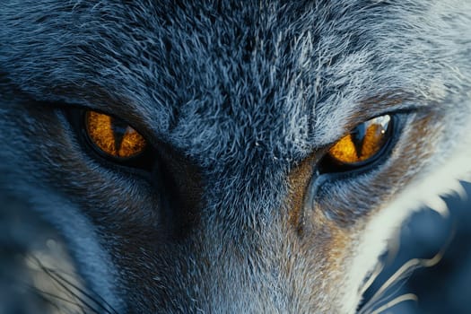 A macro shot capturing the intense amber eyes of a fox, showcasing its soft fur and powerful gaze. The detail highlights the creature's beauty and wild nature.