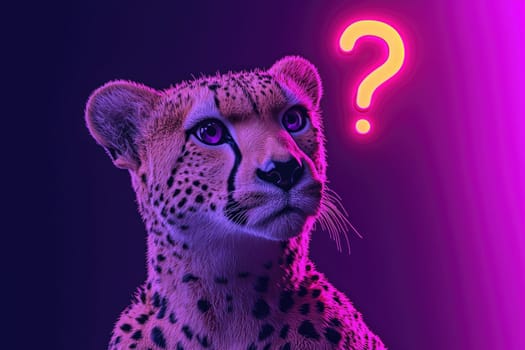 Cheetah with curious expression and glowing question mark.