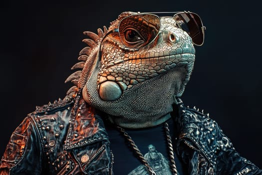 A stylish iguana dressed in a leather biker jacket and sunglasses, exuding coolness. This unique photo blends wildlife with fashion, capturing a fun and edgy vibe.