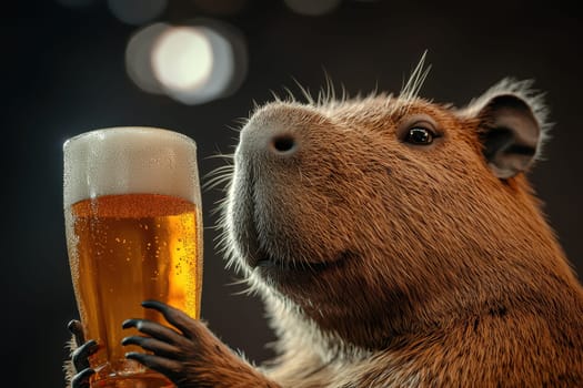 A charming capybara holds a glass of beer in a vibrant studio setting, showcasing a whimsical and playful moment that highlights joy and relaxation.