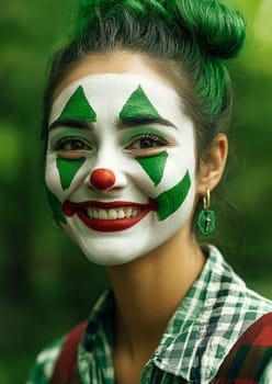 Young woman with an expressive face is wearing clown makeup in green and white, smiling in front of a green background